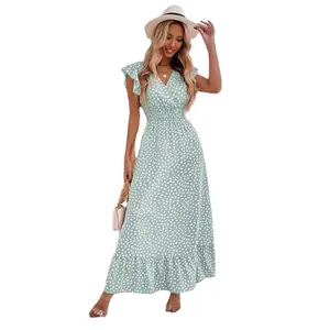 Elegante abito lungo con scollo a V, vita aderente, maniche a balze e stampa floreale