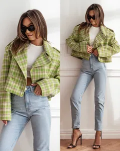 Close-up and full view of a chic green plaid cropped jacket for women.