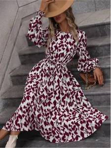 Chic burgundy leopard print long sleeve maxi dress with waist tie and full skirt