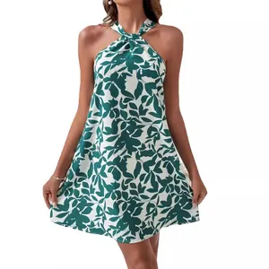 Elegant sleeveless halter neck mini dress with green floral print and open back design