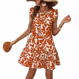Summer women's floral print short dress with ruffle sleeves and round neck loose fit