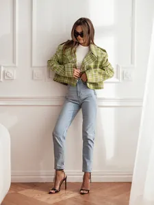 Fashionable green plaid cropped wool jacket with lapel collar and British style for women