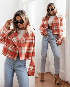 Full body view of stylish British plaid wool jacket with lapel collar for autumn winter