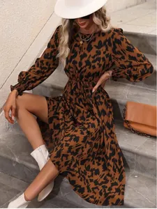 Stylish leopard print long-sleeve maxi dress with waist tie shown in a lifestyle setting