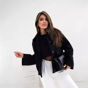 Veste chic en laine noire à boutonnage simple pour femme, mode automne-hiver élégante