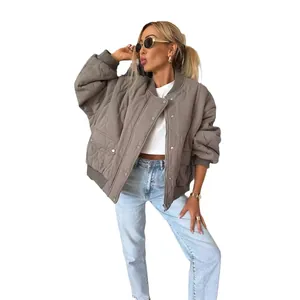 Trendy oversized taupe quilted bomber jacket for women, perfect for autumn casual wear