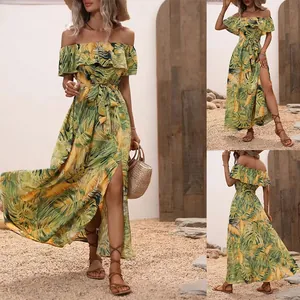Women's off-shoulder ruffle tropical leaf print maxi dress with sexy high slit detail