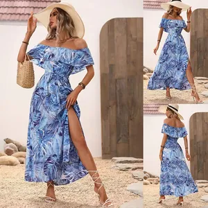 Elegant off-the-shoulder blue tropical leaf print maxi dress with ruffle and slit
