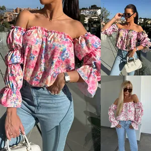 Chemisier Sexy Épaules Dénudées Floral Manches Bouffantes Polyester Volants Taille Élastique Chemise Imprimée Vintage Été Plage Fête Top