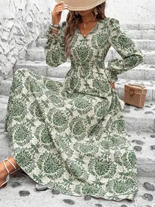 Bohemain V-neck long sleeve maxi dress with vintage green floral damask print pattern.