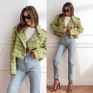 Stylish women's green plaid cropped wool jacket featuring a classic British lapel design