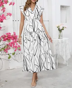 Elegant V-neck ruffled maxi dress with black abstract print design for a stylish summer look