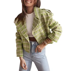 Elegant green and white plaid cropped blazer jacket with lapel collar for women fashion