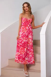 French style pink floral camisole dress featuring a pleated bodice and slim straps