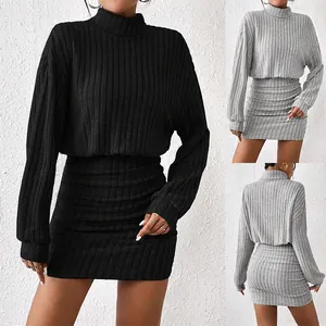 Women Elegant Turtleneck Ribbed Long Sleeve Bodycon Mini Dress Slim Fit Knitted Solid Color Autumn Winter Short Dress