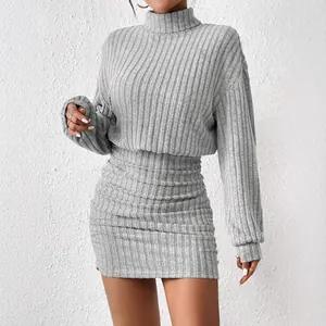 Elegant grey ribbed knit bodycon mini dress with turtleneck and long sleeves for autumn