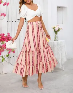 Stylish summer bohemian floral print maxi skirt with drawstring waist and tiered design