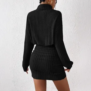 Elegant black ribbed high neck bodycon long sleeve mini dress shown from the back view