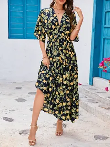 Damen Midikleid mit Zitronenprint, tiefem V-Ausschnitt und Stufenrock-Design