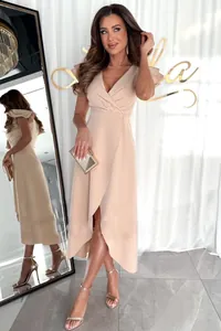 Elegant beige V-neck midi dress featuring ruffle sleeves and a wrap-style skirt.