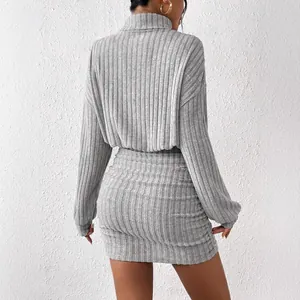 Grey ribbed high neck long sleeve bodycon dress back view for autumn fashion style