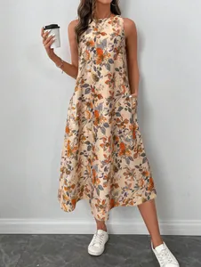 Detailed view of floral print sleeveless maxi dress with side pockets.