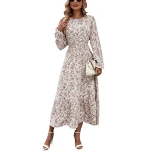Floral print round neck long sleeve ruffle hem midi dress for women's autumn style