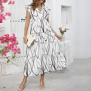 Women V-Neck Ruffle Printed Maxi Dress Summer Casual Sleeveless Large Swing Vacation Boho Long Dress Polyester Sun Dress