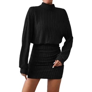 Elegant women's black ribbed mock neck long sleeve bodycon mini dress autumn fashion