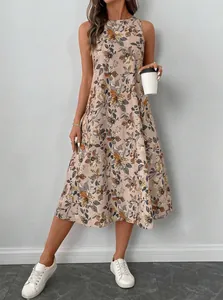 Floral sleeveless midi dress for women featuring a vintage print and round neckline design.