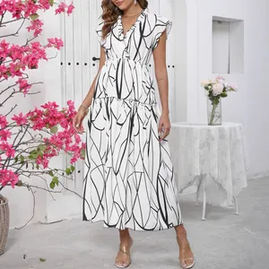 Elegant white V-neck maxi dress with black abstract line print and ruffle details for summer.
