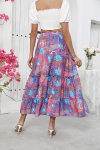 Rear view of vibrant bohemian paisley print maxi skirt perfect for summer holiday style