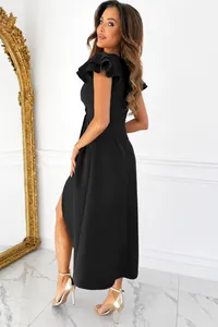 Elegant black midi dress featuring ruffle sleeves and a side slit shown from side