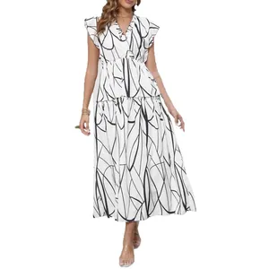 Elegant white V-neck maxi dress with black abstract leaf print and ruffle sleeves.
