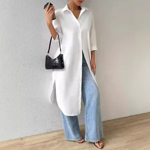 Elegant long white button-down tunic shirt with side slits for women