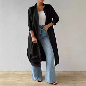 Chic black long-line solid color shirt cardigan for women featuring a classic collar design