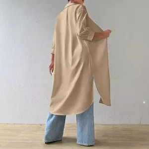Women's khaki oversized long-line shirt featuring high-low hem and side slits