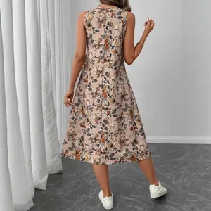 Elegant sleeveless floral print midi dress with side pockets shown from the back view