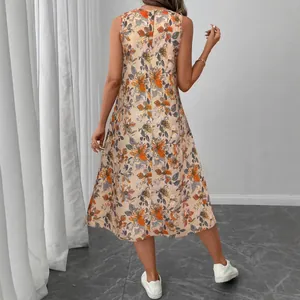Elegant women's sleeveless floral print A-line midi dress with back zipper detail