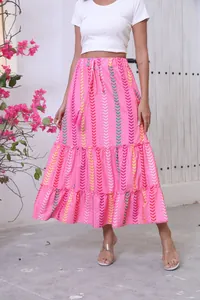 Bohemian pink maxi skirt with colorful chevron print and tiered ruffle details