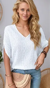 Elegant white V-neck textured short sleeve T-shirt for women in casual boho style
