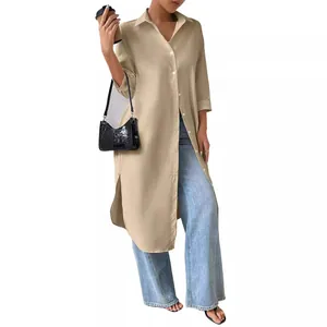 Elegant beige long cardigan shirt with side slits and half sleeves for women casual wear