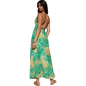 Detailed back view of a French floral maxi dress featuring elegant backless straps