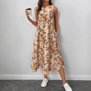 Sleeveless floral print midi dress with pockets for women, casual summer style.