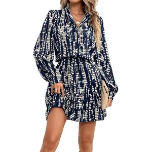 Elegant navy geometric print long sleeve V-neck ruffled mini dress for stylish women