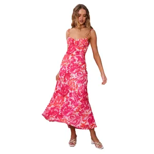 Detailed view of a pink floral midi dress featuring spaghetti straps and a backless design.