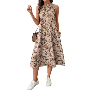 Elegant sleeveless floral print midi dress with round neck and side pockets for women