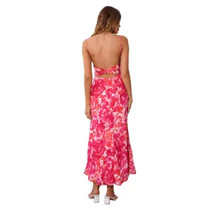 Detailed view of a French backless floral maxi dress with thin straps for women.