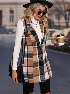 Stylish model wearing a brown plaid lapel vest coat in an urban street setting