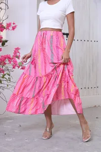 Bohemian pink printed maxi skirt with colorful chevron patterns and tiered ruffle hem